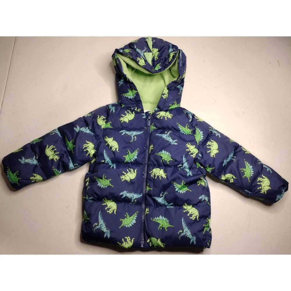 Old Navy Kids Dinosaur Puffer Jacket Water‎ Resistant Hooded Navy Green 18 24M